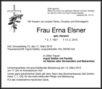 Traueranzeige von Erna Elsner von Frankenpost