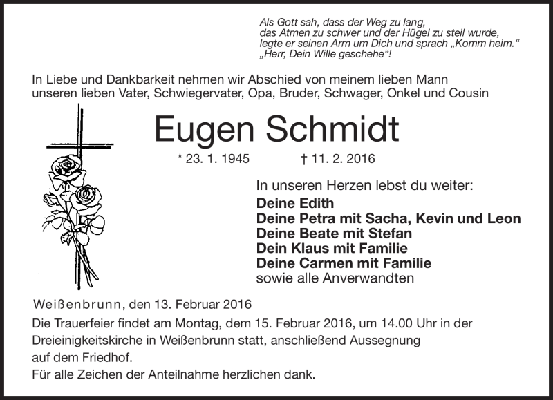  Traueranzeige für Eugen Schmidt vom 13.02.2016 aus Neue Presse Coburg