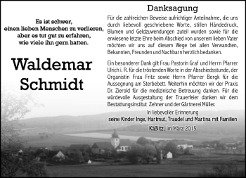 Traueranzeige von Waldemar Schmidt von Südthüringer Presse