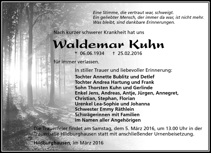  Traueranzeige für Waldemar Kuhn vom 01.03.2016 aus Südthüringer Presse