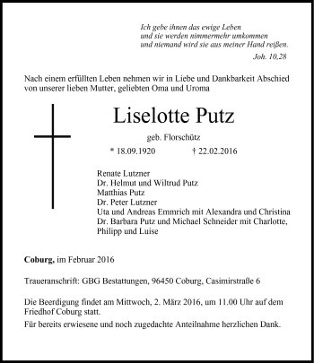 Traueranzeige von Lieselotte Putz von Neue Presse Coburg