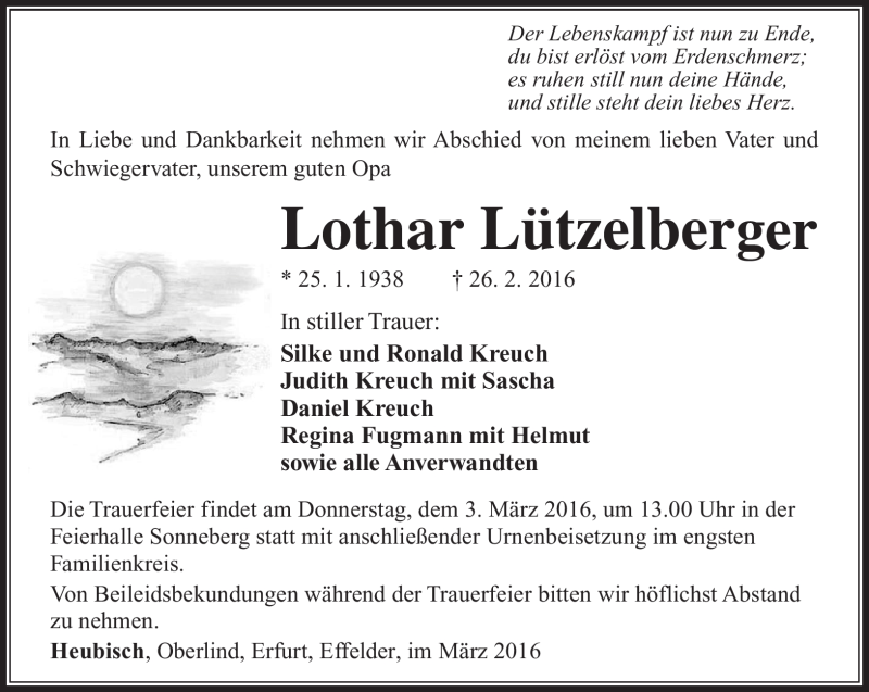  Traueranzeige für Lothar Lützelberger vom 01.03.2016 aus Südthüringer Presse