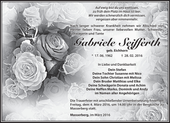 Traueranzeige von Gabriele Seifferth von Südthüringer Presse