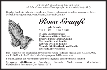 Traueranzeige von Rosa Gramß von Südthüringer Presse