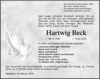 Traueranzeige von Hartwig Beck von Südthüringer Presse