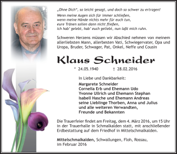 Traueranzeige von Klaus Schneider von Südthüringer Presse