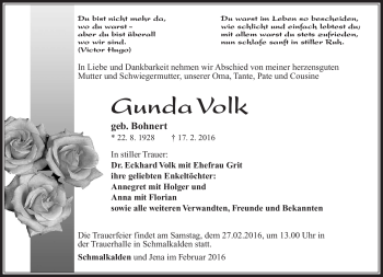 Traueranzeige von Gunda Volk von Südthüringer Presse