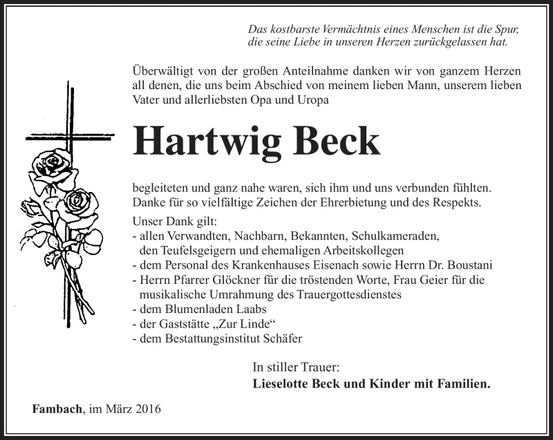  Traueranzeige für Hartwig Beck vom 05.03.2016 aus Südthüringer Presse
