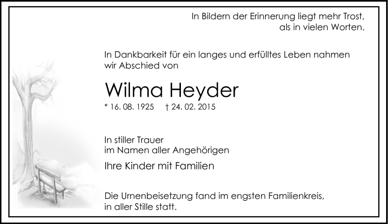  Traueranzeige für Wilma Heyder vom 21.03.2015 aus Südthüringer Presse