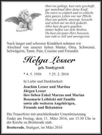 Traueranzeige von Helga Lesser von Südthüringer Presse