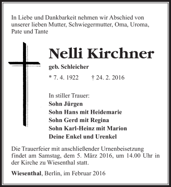 Traueranzeige von Nelli Kirchner von Südthüringer Presse