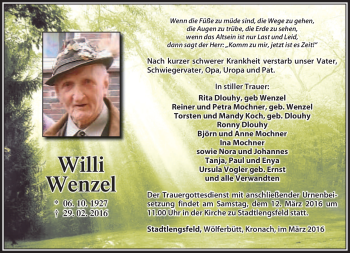 Traueranzeige von Willi Wenzel von Südthüringer Presse