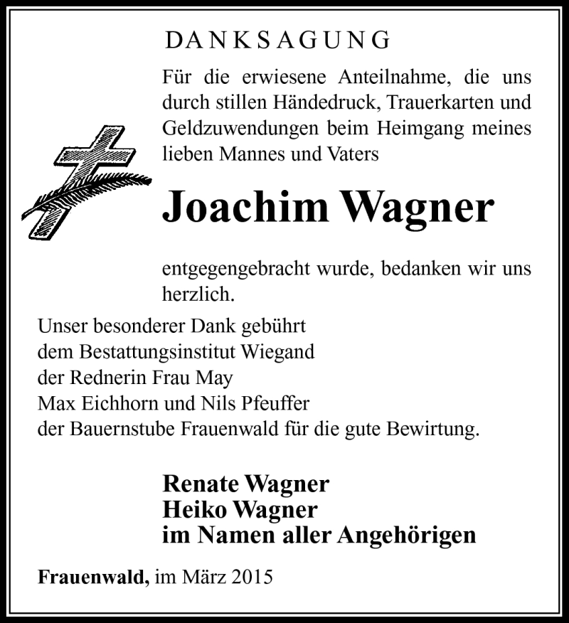  Traueranzeige für Joachim Wagner vom 18.03.2015 aus Südthüringer Presse