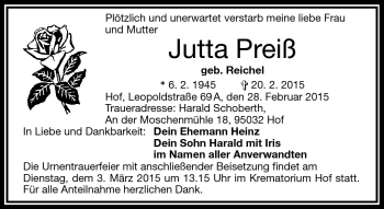 Traueranzeige von Jutta Preiß von Frankenpost