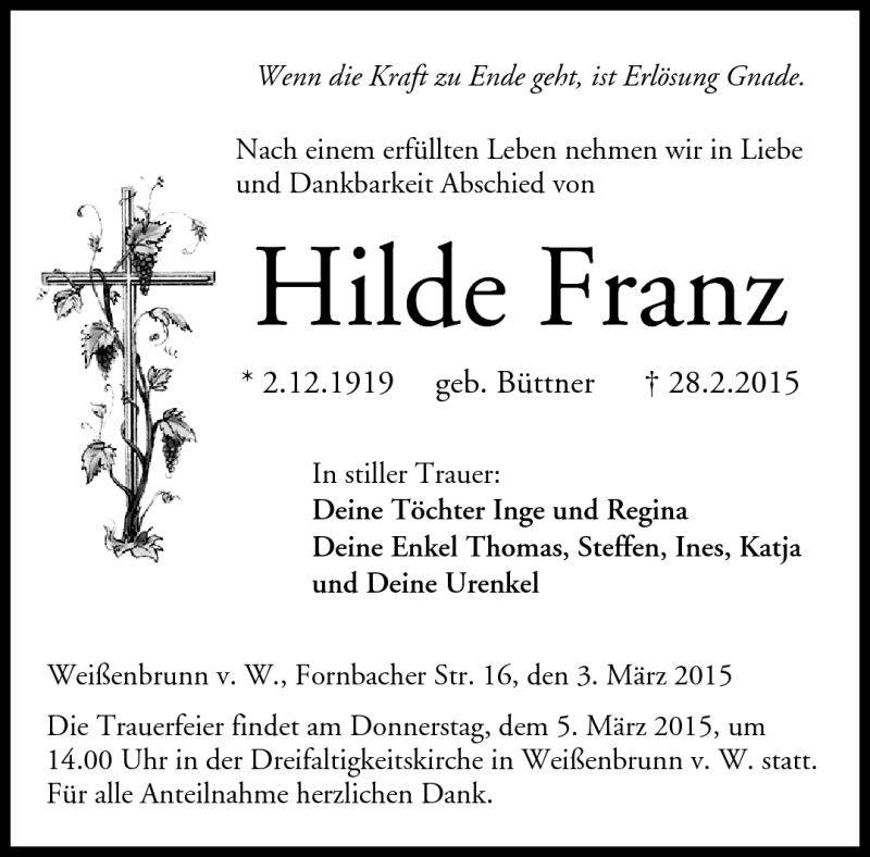  Traueranzeige für Hilde Franz vom 03.03.2015 aus Neue Presse Coburg