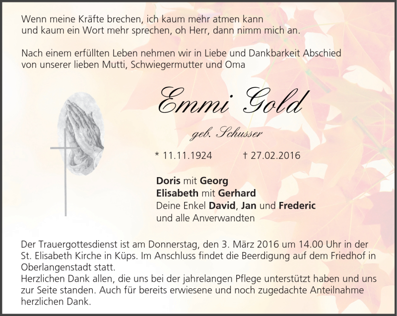  Traueranzeige für Emmi Gold vom 02.03.2016 aus Neue Presse Coburg