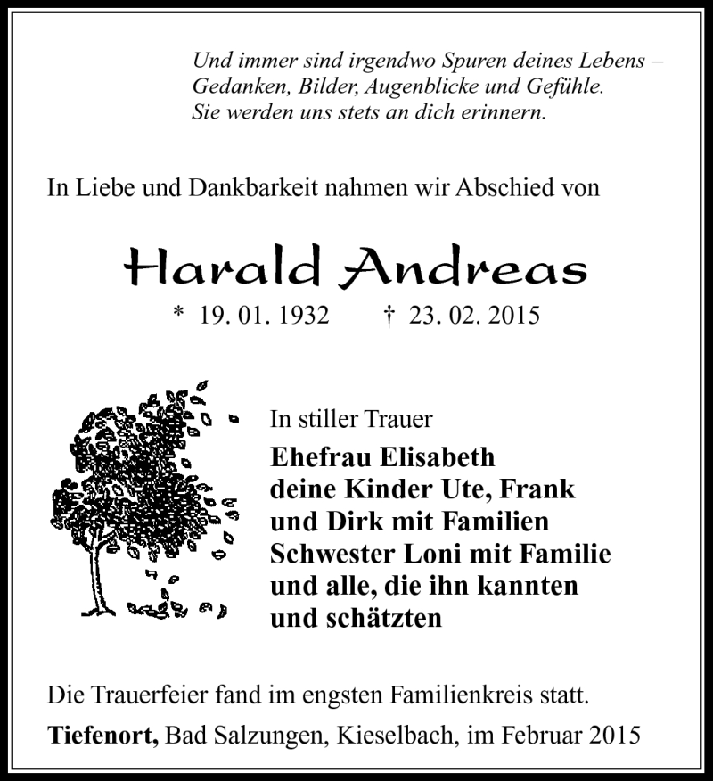  Traueranzeige für Harald Andreas vom 10.03.2015 aus Südthüringer Presse