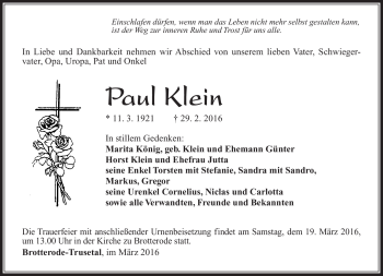 Traueranzeige von Paul Klein von Südthüringer Presse