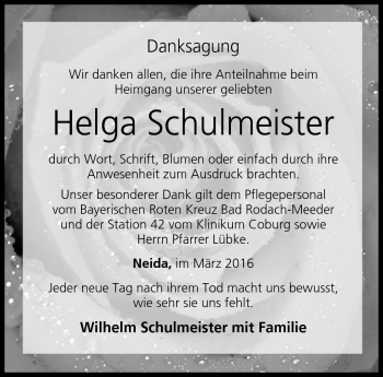 Traueranzeige von Helga Schulmeister von Neue Presse Coburg