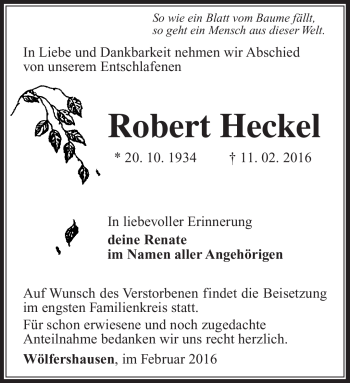 Traueranzeige von Robert Heckel von Südthüringer Presse
