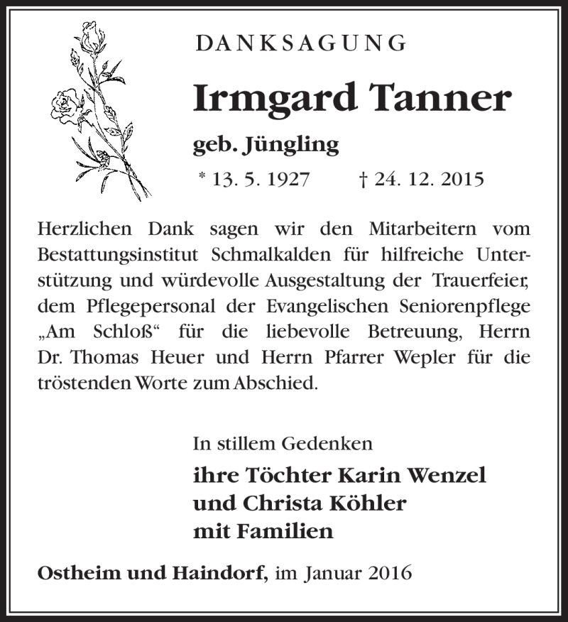  Traueranzeige für Irmgard Tanner vom 09.01.2016 aus Südthüringer Presse