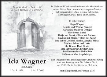 Traueranzeige von Ida Wagner von Südthüringer Presse