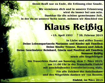 Traueranzeige von Klaus Reißig von Südthüringer Presse