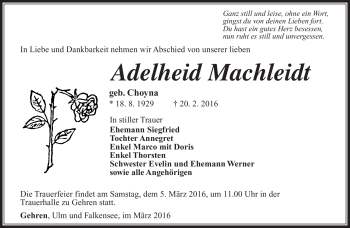 Traueranzeige von Adelheid Machleidt von Südthüringer Presse