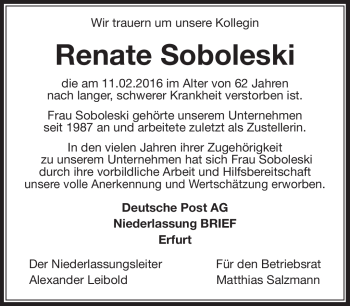 Traueranzeige von Renate Soboleski von Südthüringer Presse