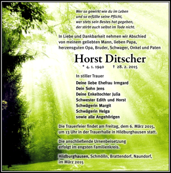 Traueranzeige von Horst Ditscher von Südthüringer Presse