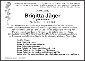 Traueranzeige von Brigitta Jäger von Südthüringer Presse