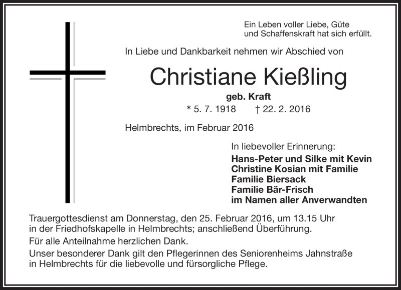  Traueranzeige für Christiane Kießling vom 23.02.2016 aus Frankenpost