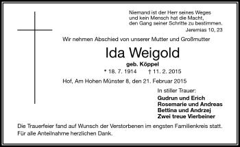 Traueranzeige von Ida Weigold von Frankenpost
