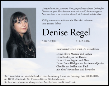 Traueranzeige von Denise Regel von Neue Presse Coburg