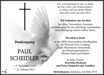 Traueranzeige von Paul Scheidler von Südthüringer Presse