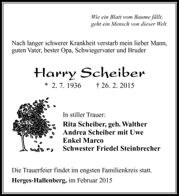 Traueranzeige von Harry Scheiber von Südthüringer Presse