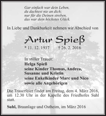 Traueranzeige von Artur Spieß von Südthüringer Presse