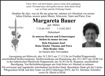Traueranzeige von Margareta Bauer von Frankenpost