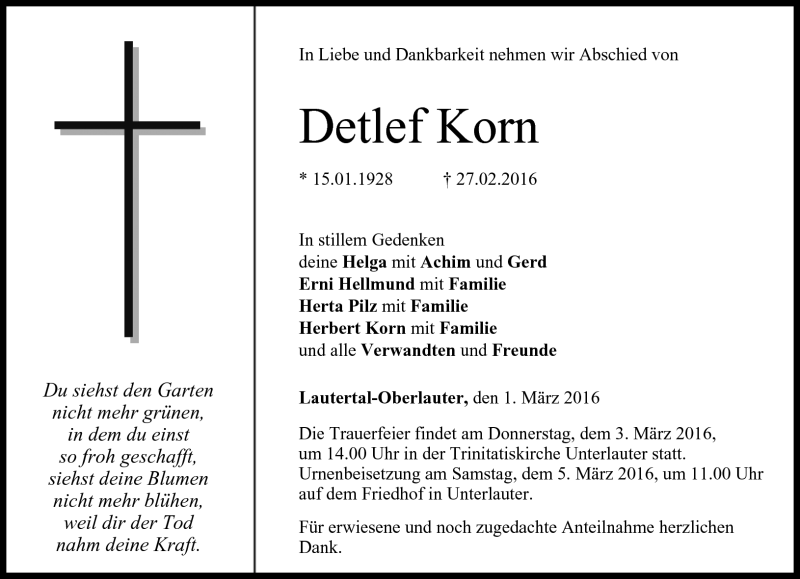  Traueranzeige für Detlef Korn vom 01.03.2016 aus Neue Presse Coburg