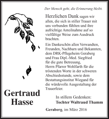 Traueranzeige von Gertraud Hasse von Südthüringer Presse