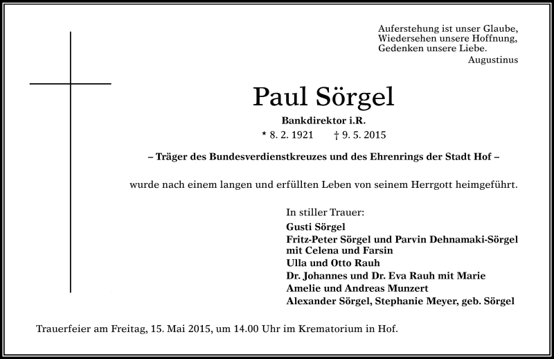  Traueranzeige für Paul Sörgel vom 12.05.2015 aus Frankenpost
