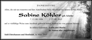 Traueranzeige von Sabine Köhler von Südthüringer Presse