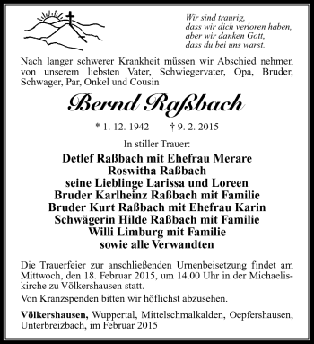 Traueranzeige von Bernd Raßbach von Südthüringer Presse
