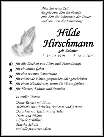 Traueranzeige von Hilde Hirschmann von Neue Presse Coburg
