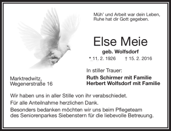 Traueranzeige von Else Meie von Frankenpost