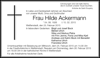 Traueranzeige von Hilde Ackermann von Frankenpost