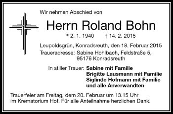 Traueranzeige von Roland Bohn von Frankenpost