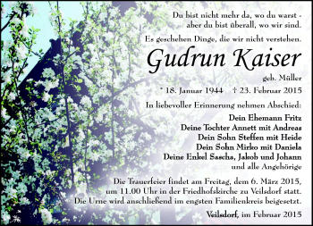 Traueranzeige von Gudrun Kaiser von Südthüringer Presse