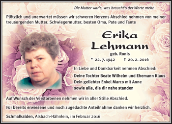 Traueranzeige von Erika Lehmann von Südthüringer Presse
