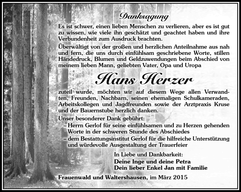  Traueranzeige für Hans Herzer vom 14.03.2015 aus Südthüringer Presse